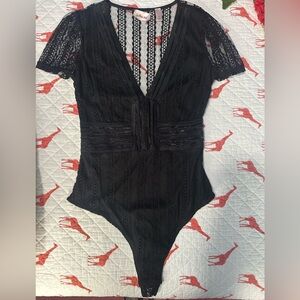 Willow & Root Black Sheer Lace Crochet-Strip Bodysuit